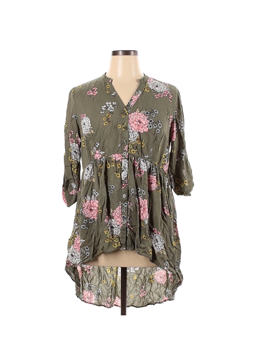 torrid Olive Floral Button-Front Hi-Low Peplum Tunic